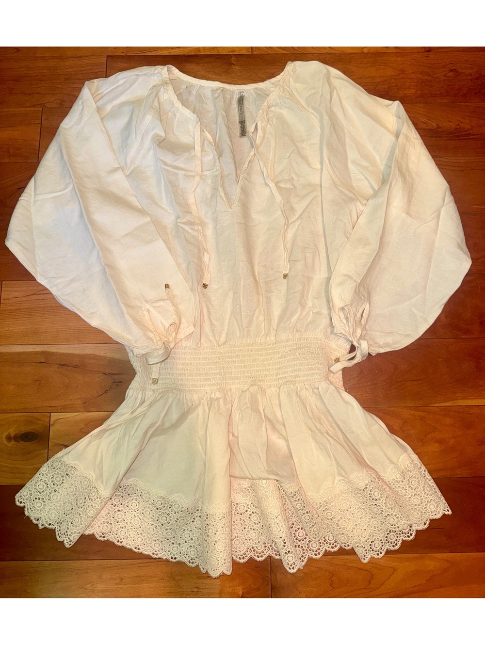 VSX White Boho Peasant Swim Coverup with Lace Hem and Smocked Waist Size XL
